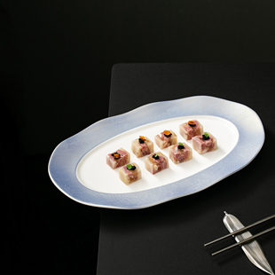 会所中厨热菜意境清蒸鱼盘椭圆陶瓷盘餐具餐盘冷菜凉菜盘子摆盘