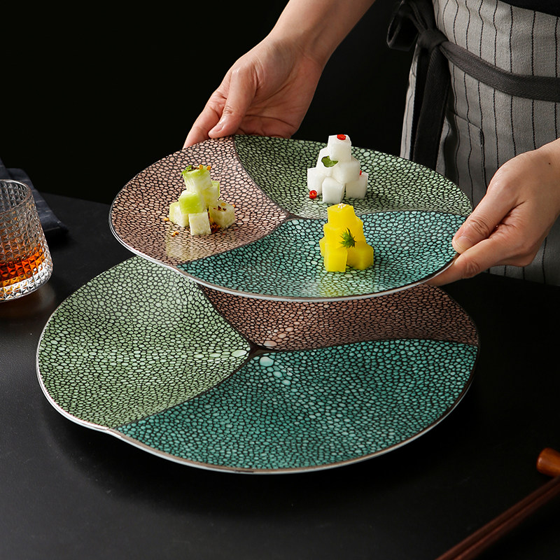 魔鬼纹|《佳美三格拼盘》中式酒店陶瓷三色冷菜点心圆形分隔盘