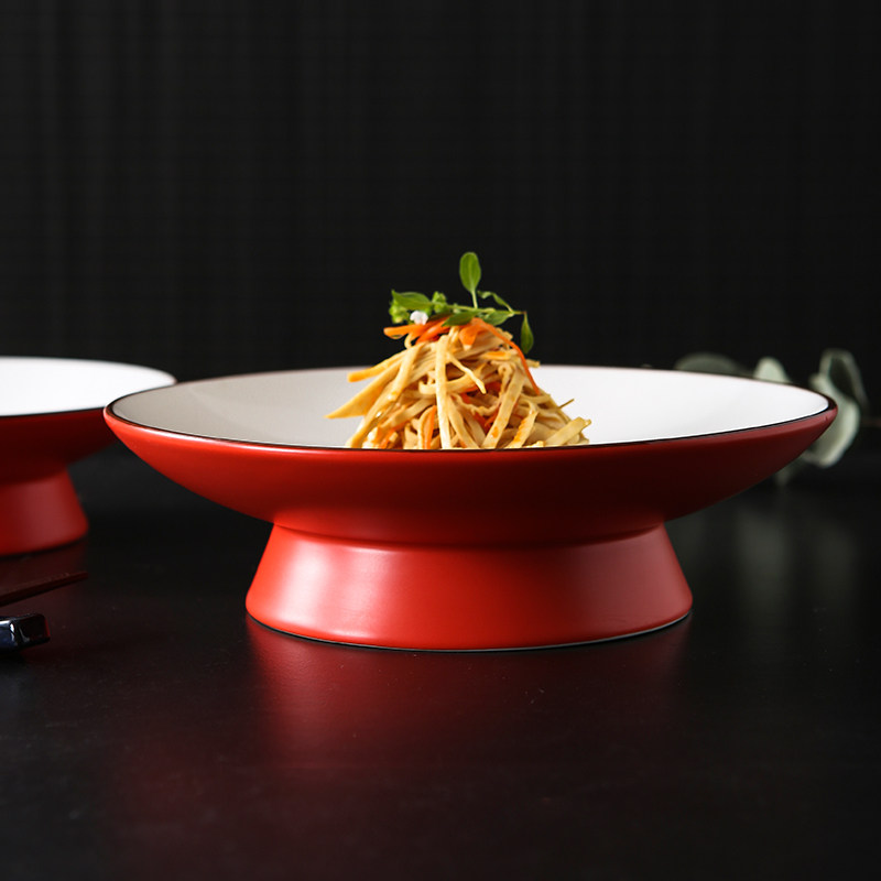 酒店中式哑光红色高脚明档大盘陶瓷果盘冷菜盘会所酒楼餐厅餐具,餐饮具,果盆/果盘/果篮,淘宝优惠券,粉丝福利购,淘宝优惠卷