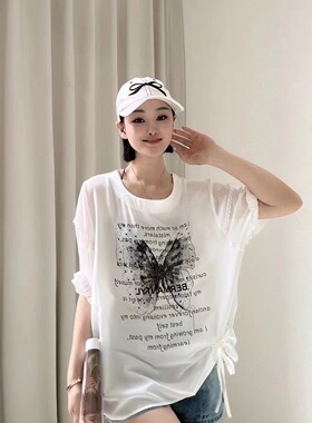 【天丝棉】蝴蝶结白色短袖上衣ol百搭款