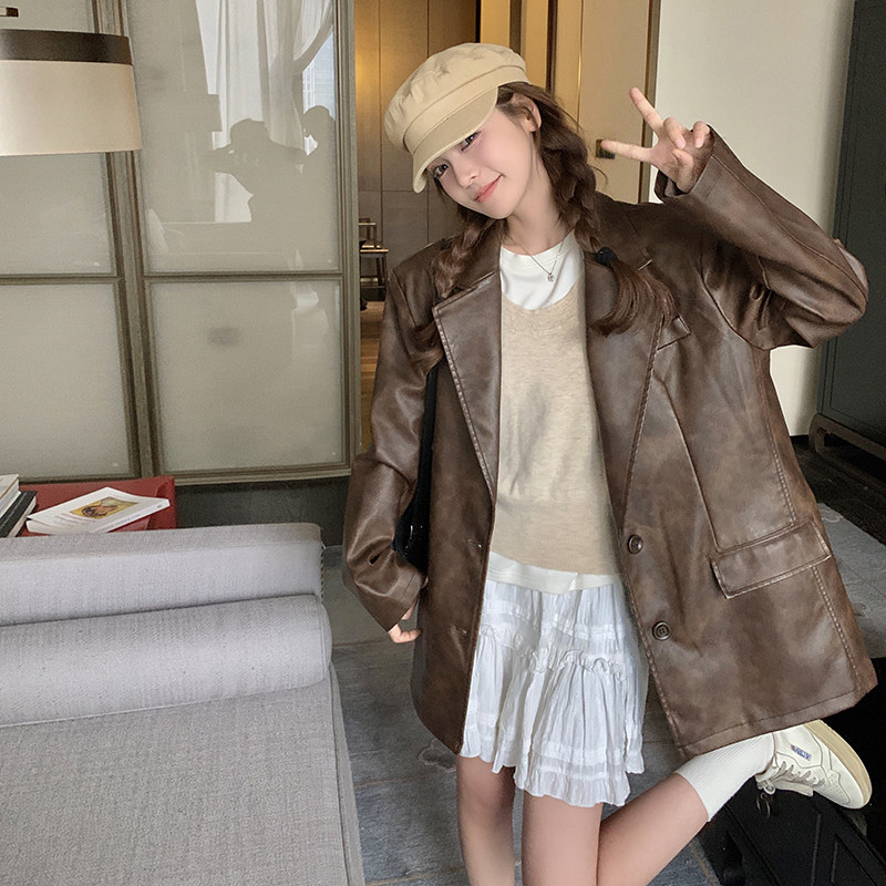 美拉德复古咖色皮衣西装外套女春秋2025年新款高级感宽松pu皮西服图片