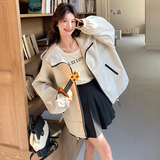 韩系工装外套女小个子宽松休闲2025年秋季新款灯笼袖白色连帽夹克，女装风衣，2D082