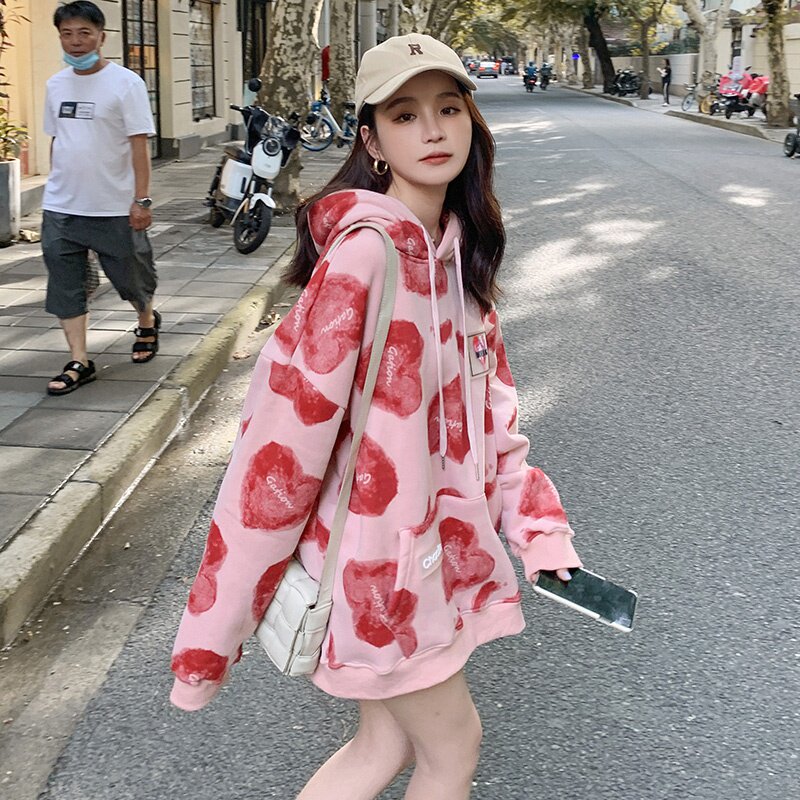 早秋新款慵懒连帽卫衣女2025韩系粉色设计感爱心印花减龄宽松上衣,女装卫衣/绒衫,2D082