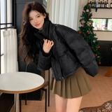 设计感美拉德咖色短款立领pu拼接羽绒服女冬2024新款90白鸭绒外套，女装羽绒服，2D082
