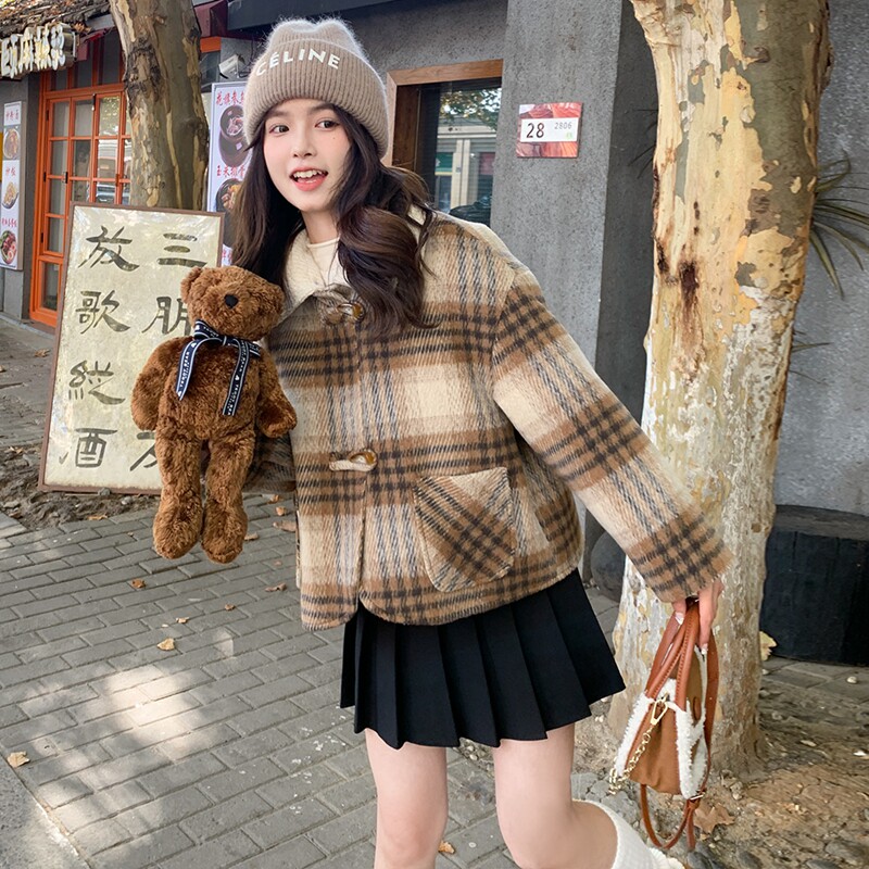 格子牛角扣短款大衣女2024冬小个子百搭韩系宽松羽绒内胆毛呢外套,女装羽绒服,2D082