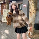 格子牛角扣短款大衣女2024冬小个子百搭韩系宽松羽绒内胆毛呢外套，女装羽绒服，2D082