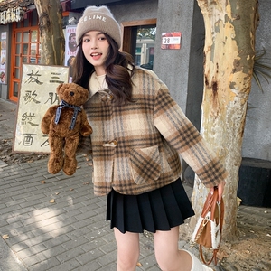 格子牛角扣短款大衣女2024冬小个子百搭韩系宽松羽绒内胆毛呢外套图片