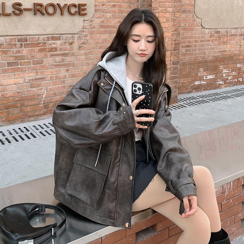 韩版高级感PU皮假两件夹克上衣女2025春秋季新款酷机车服显瘦外套,女装皮衣,2D082