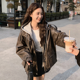 美拉德棕色假两件皮衣外套女春季2025新款时尚小个子宽松短款夹克，女装皮衣，2D082