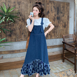学院风花瓣拼接牛仔背带连衣裙套装女夏2025新款减龄甜美爆款裙子，女装连衣裙，2D082