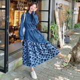 韩系气质减龄牛仔拼接连衣裙女2025春秋季新款法式收腰显瘦长裙子，女装连衣裙，2D082