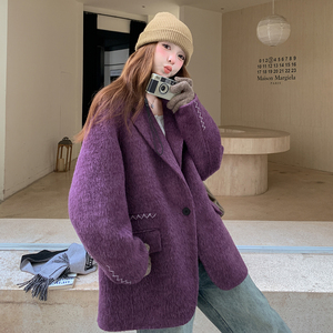 优雅气质紫色翻领羊毛双面呢外套女冬季2025新款小个子巨好看大衣图片