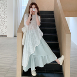 设计感温柔罩衫半身裙套装女2025年夏季新款慵懒风气质叠穿两件套，女装连衣裙，2D082