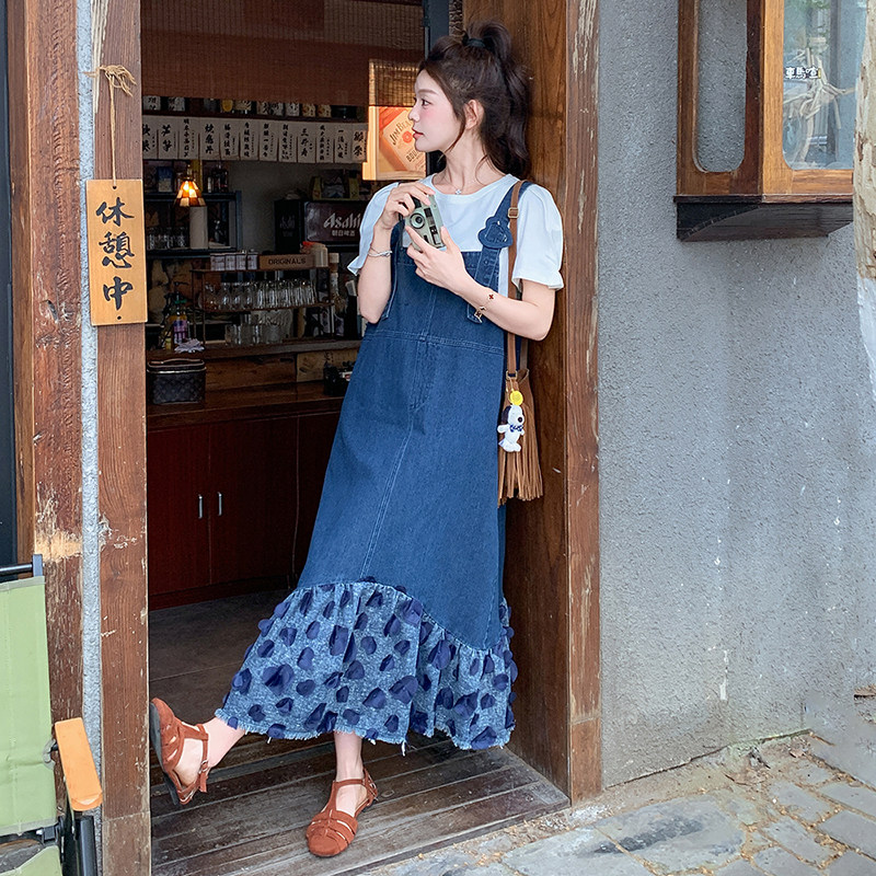 学院风花瓣拼接牛仔背带连衣裙套装女夏2025新款减龄甜美爆款裙子,女装连衣裙,2D082