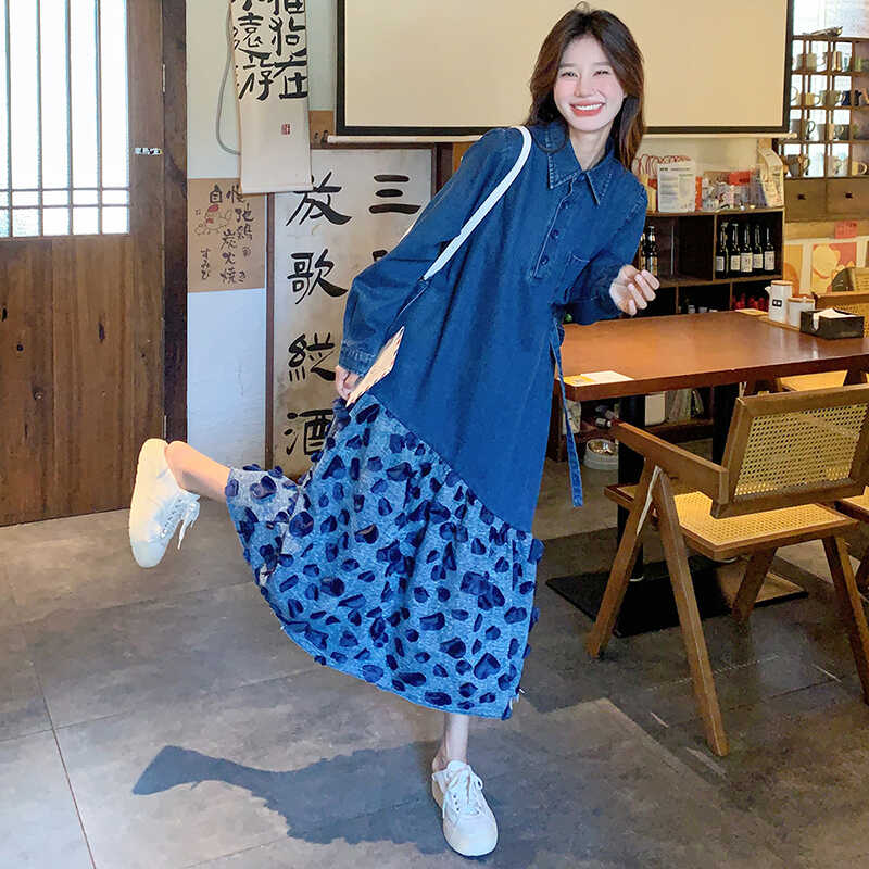 韩系chic长袖牛仔连衣裙女春秋超火好看高级感拼接鱼尾宽松长裙子,女装孕妇装,2D082
