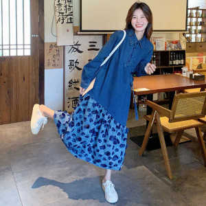 韩系chic长袖牛仔连衣裙女春秋超火好看高级感拼接鱼尾宽松长裙子图片