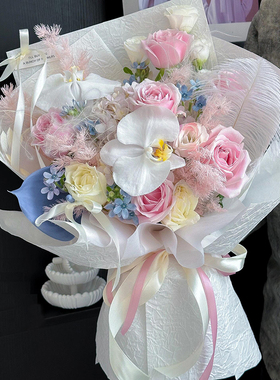 混搭鲜花速递同城北京粉红雪山玫瑰花束花店紫罗兰生日配送花FH01