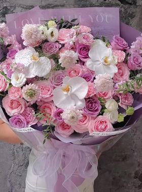 原创鲜花速递同城北京紫玫瑰粉玫瑰花束花店蓝绣球生日配送花ZF02