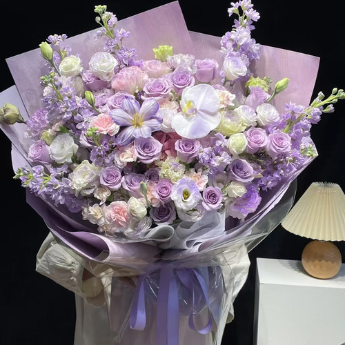 原创鲜花速递同城北京紫玫瑰粉玫瑰花束花店蓝绣球生日配送花ZF04