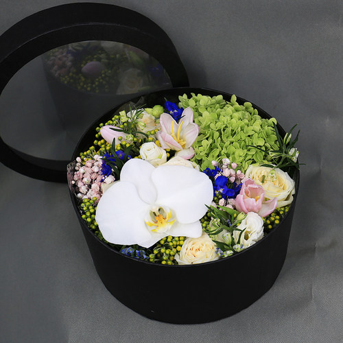 圆形礼盒插花紫色粉玫瑰花花店生日配鲜花速递同城北京配送小时达