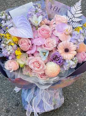 混搭鲜花速递同城北京粉红雪山玫瑰花束花店紫罗兰生日配送花FH04