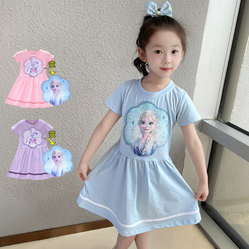 女童爱莎连衣裙亮片变图案纯棉夏