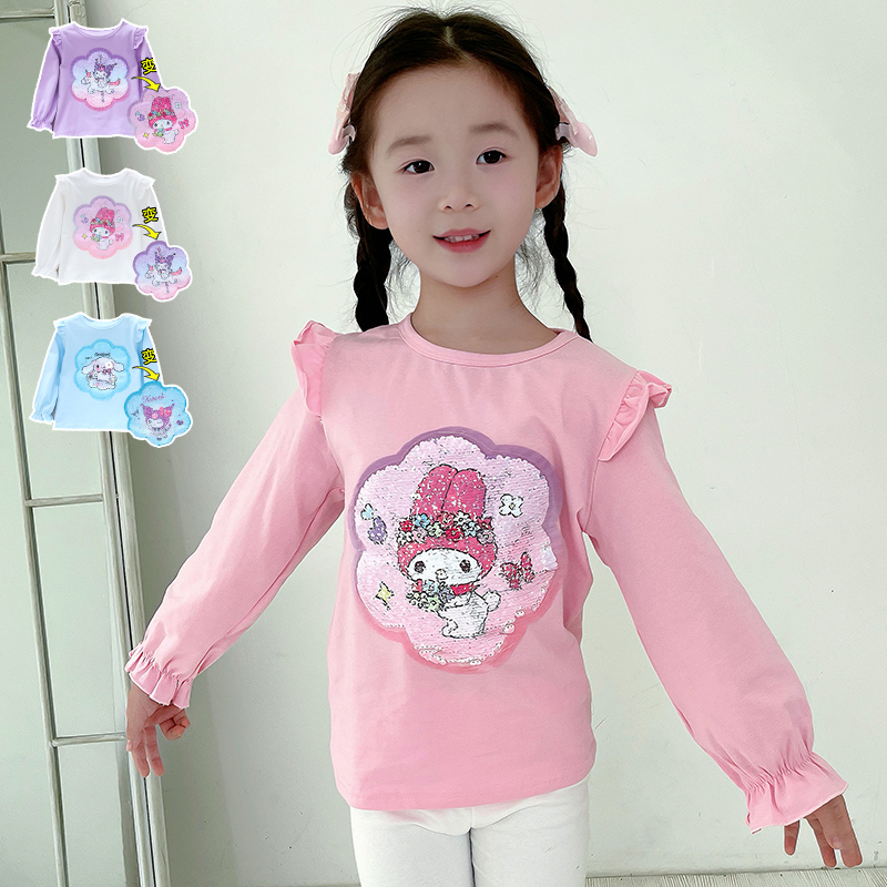 女童亮片变色长袖T恤打底衫飞袖