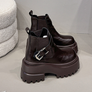 欧货增高9CM加绒马丁靴女2025冬季 小个子粗跟厚底切尔西短靴 新款