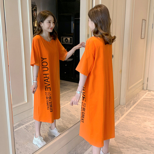 夏季韩国宽松肥大码长款连衣裙休闲女装短袖过膝长裙胖mmT恤裙夏