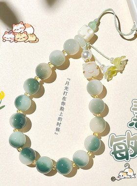 绿飘花多宝菩提手机链吊坠铃兰花挂件可爱招财猫手腕款防丢挂绳女