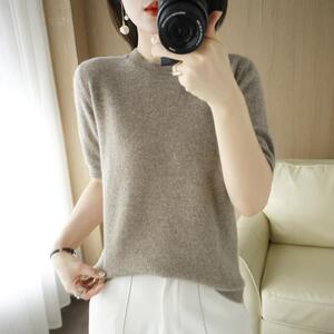 春秋圆领短袖女羊毛衫宽松短款打底衫半袖针织衫薄款夏季羊绒毛衣