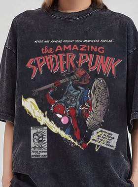 Spider-Man蜘蛛侠卡通动漫联名美式街头水洗做旧短袖T恤男t-shirt