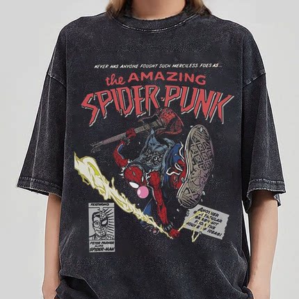 Spider-Man蜘蛛侠卡通动漫联名美式街头水洗做旧短袖T恤男t-shirt