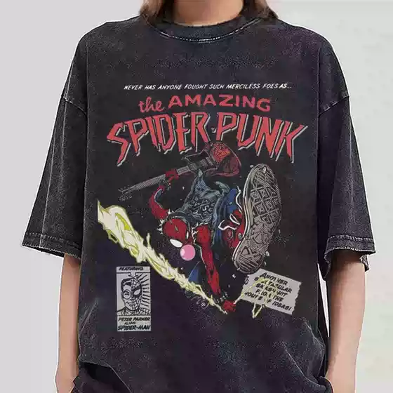 Spider-Man Cartoon Anime Collaboration American Street Style Washed Vintage Short-Sleeve T-Shirt for Men