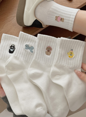 甜美刺绣卡通白色透气网面夏季薄款短筒袜ins简约可爱中筒运动袜