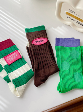 时尚复古绿色条纹袜子女纯棉中筒袜ins学院风韩国个性长筒堆堆袜