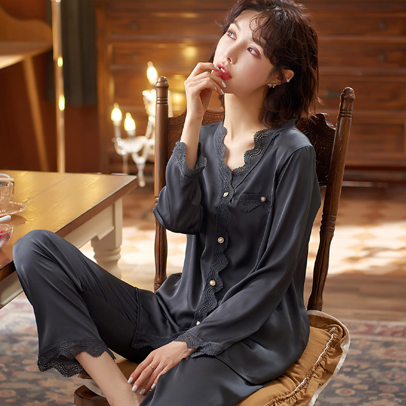 2022年春秋薄款蕾丝睡衣女夏季冰丝两件套装性感长袖丝绸缎家居服