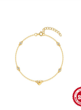 S925纯银经典简约女士光面爱心镶钻手链欧美热销ins风可调节手饰