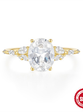 S925纯银蛋形镶钻戒指欧美时尚热卖ins克拉超闪镶钻结婚订婚戒指