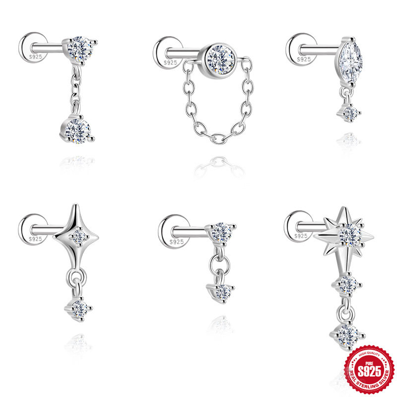 欧美ins简约四芒星链条莫桑钻s925纯银螺纹穿刺软骨耳钉16G耳骨钉