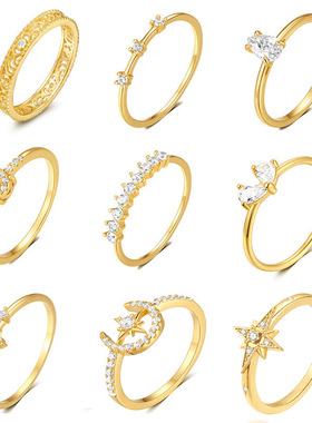 S925爱心镂空蕾丝闪锆纯银戒指女跨境复古简约叠戴微镶食指戒