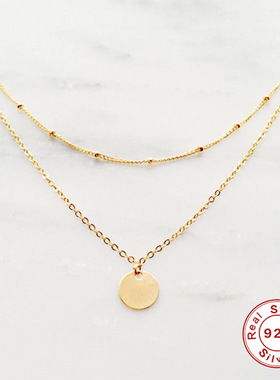 S925纯银高级感分层锁骨项链欧美个性潮流网红INS风圆牌吊坠项饰