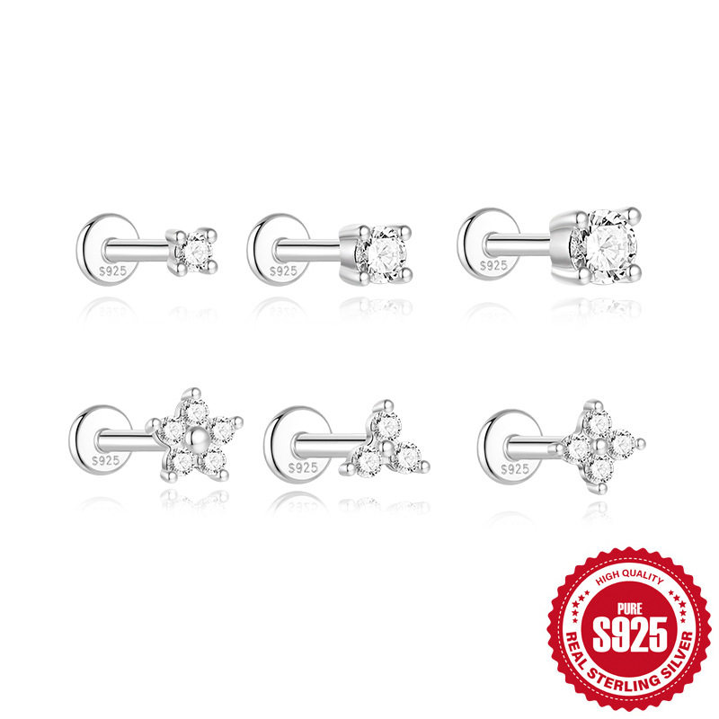 欧美时尚ins简约花瓣莫桑钻s925纯银螺纹穿刺软骨耳钉16G耳骨钉