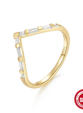 S925纯银V型镶钻订婚戒指环女wedding bands韩版抖音同款食指戒指