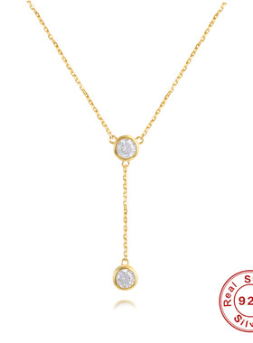 S925纯银圆形镶钻吊坠项链欧美热销时尚简约锁骨项链配饰