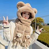 小熊帽子围巾一体女2025年秋冬季 可爱连帽骑车手套保暖毛绒三件套