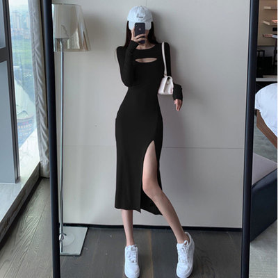 韩版侧开叉棉纯色镂空