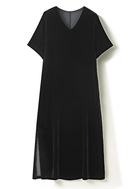 黑色金丝绒连衣裙短袖女夏大码洋气减龄宽松遮肉V领开叉下摆女裙