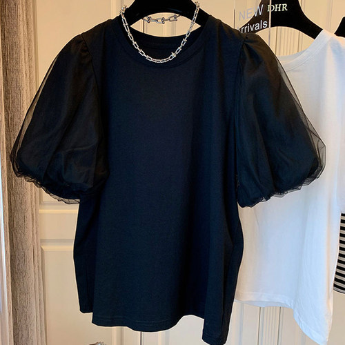 短袖上衣夏网纱拼接棉女独特大码