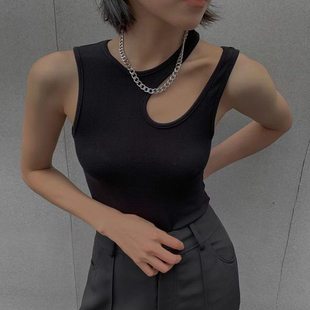 吊带背心女内搭绝美性感紧身黑色超火辣妹美式 度假斜肩打底小背心